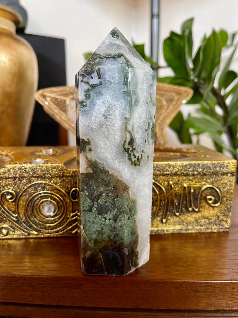 Beautiful Patterns Moss Agate Tower, Crystal Magic
