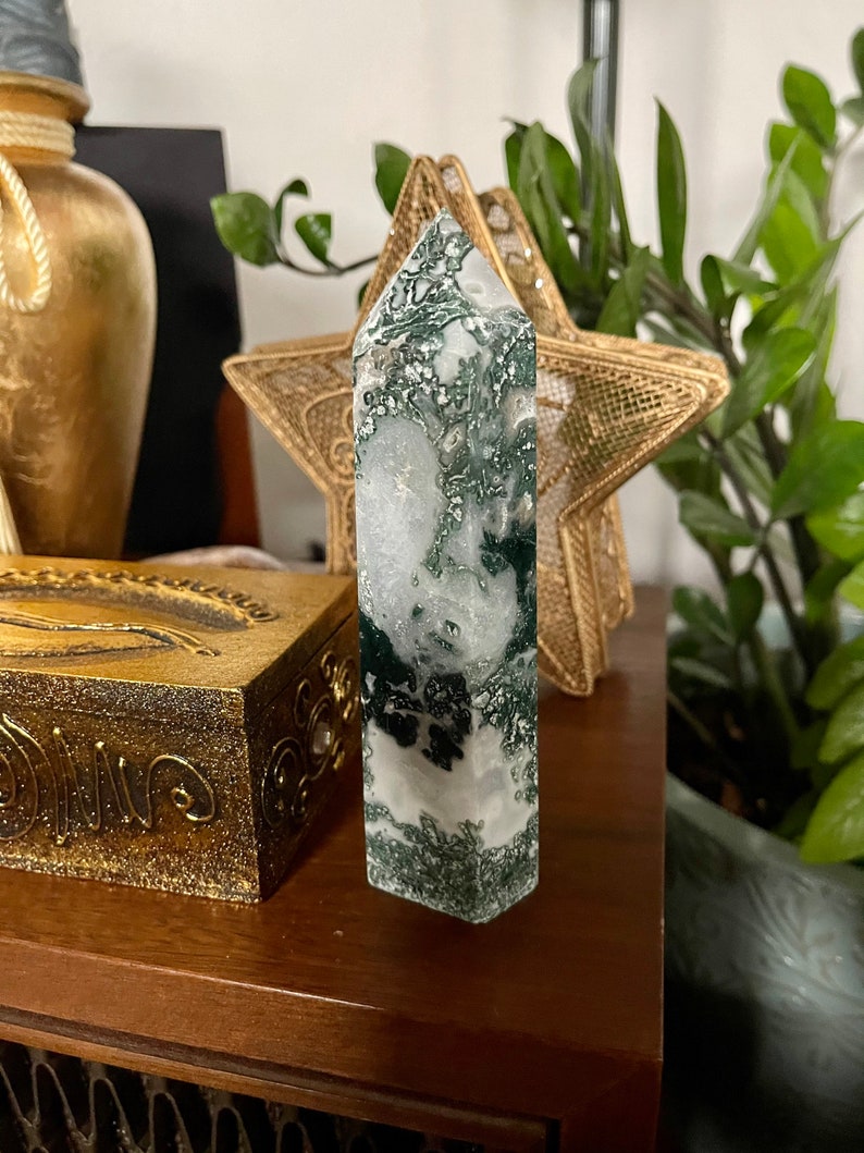 Moss Agate Tower, Natural Moss Agate, Crystal Magic