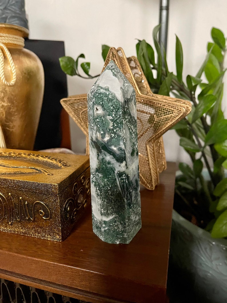 Moss Agate Tower, Natural Moss Agate, Crystal Magic
