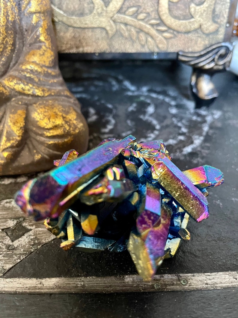 Large Unique Rainbow Aqua Aura Quartz Crystal Cluster, Crystal Magic