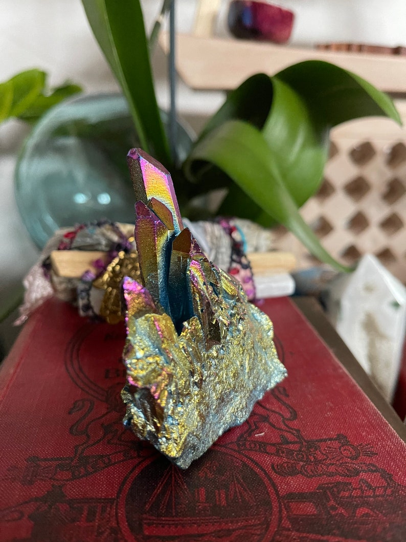 Unique Rainbow Aqua Aura Quartz Crystal Cluster, Crystal Magic