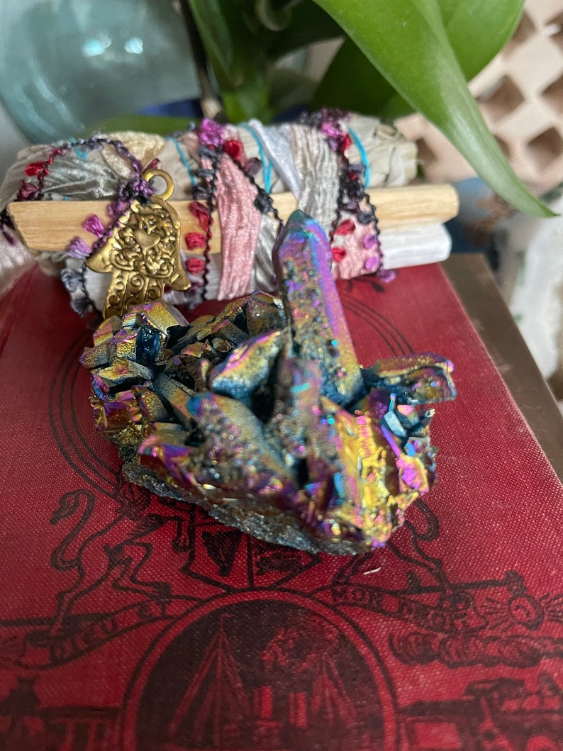 Unique Rainbow Aqua Aura Quartz Crystal Cluster, Crystal Magic