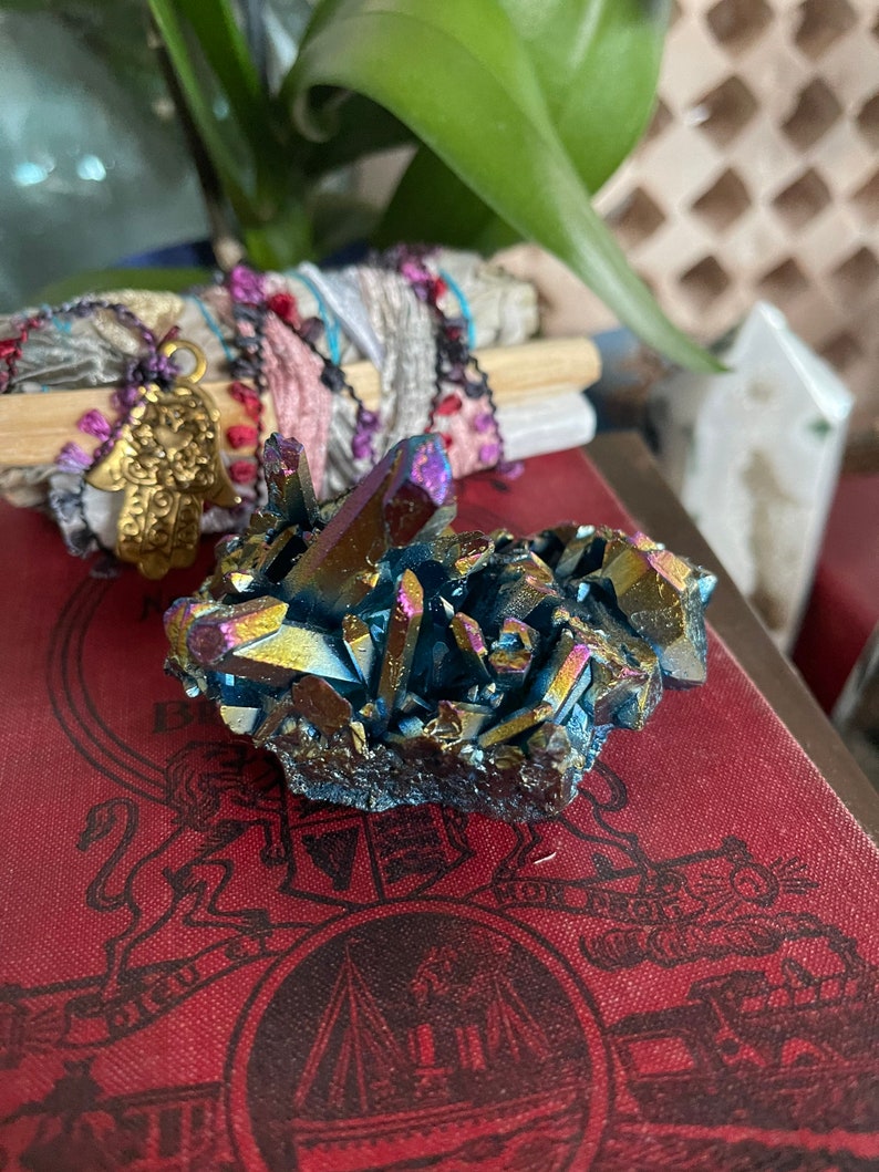 Unique Rainbow Aqua Aura Quartz Crystal Cluster, Crystal Magic
