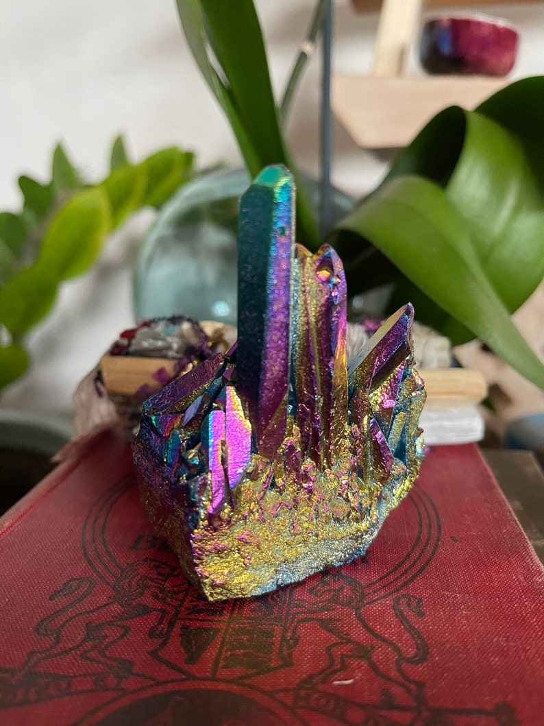 Unique Rainbow Aqua Aura Quartz Crystal Cluster, Crystal Magic
