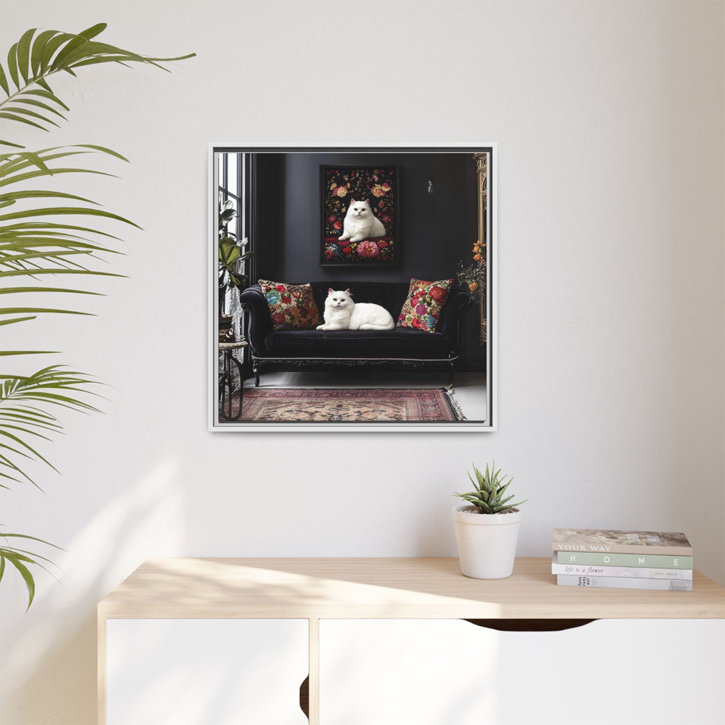 White Persian "House Cat" Portrait Matte Canvas Framed | Floral Still Life Wall Art