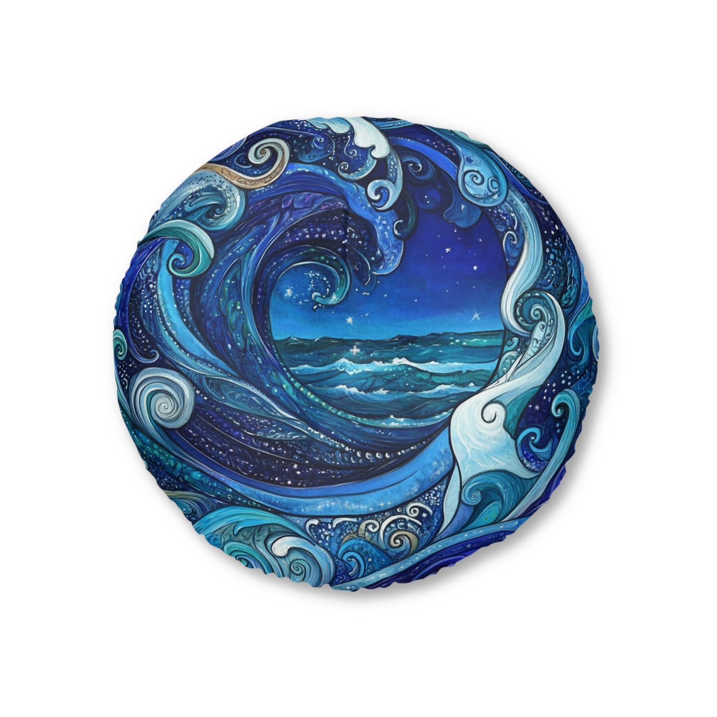 Ocean Wave Round Floor Pillow — Tufted Nautical Bohemian Decor