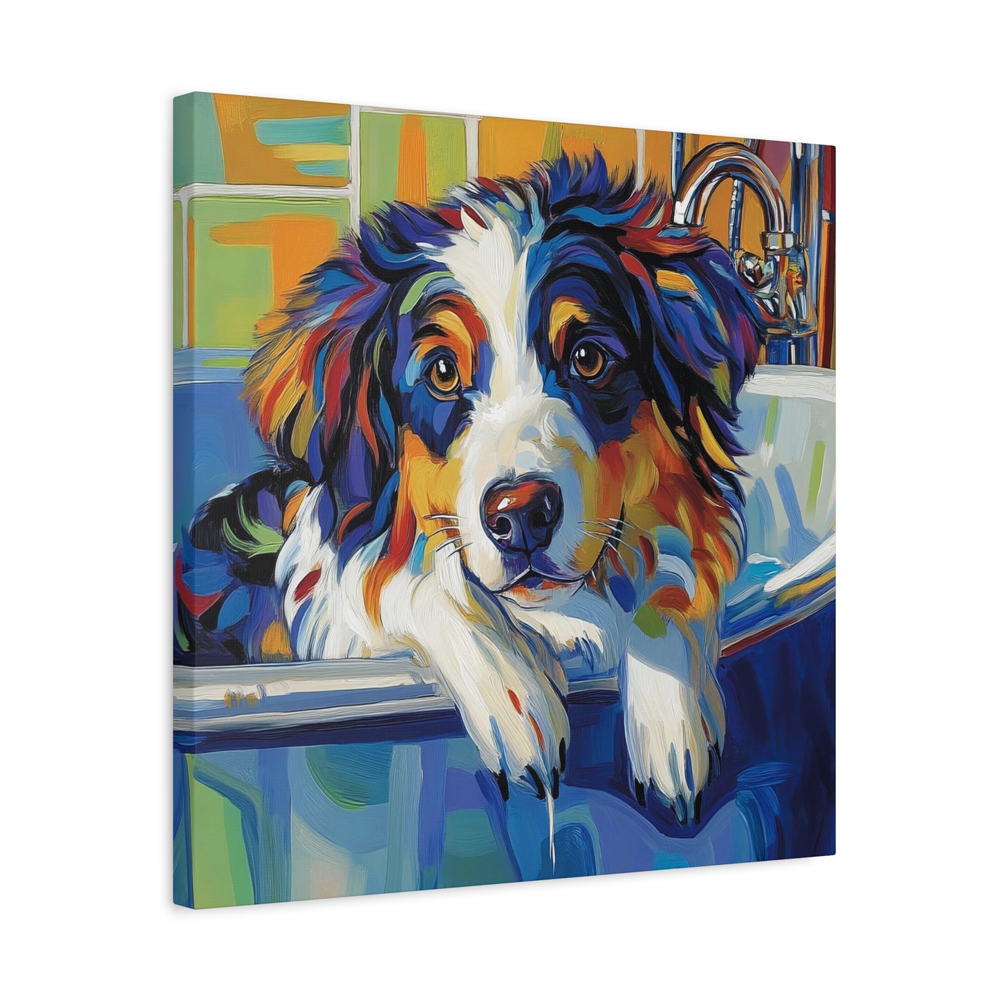 Aussie Bathtub Canvas, Australian Shepherd Art, Aussie Canvas, Tri Color Australian Shepherd Art, Dog Bathtub Prints