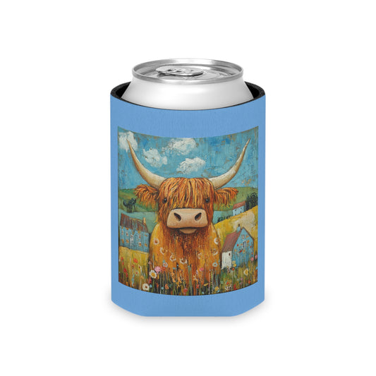Whimsical Highland Cow Can Cooler, Cute Drink Sleeve, Farmhouse Decor, Picnic Accessory, Country Themed Party Favor