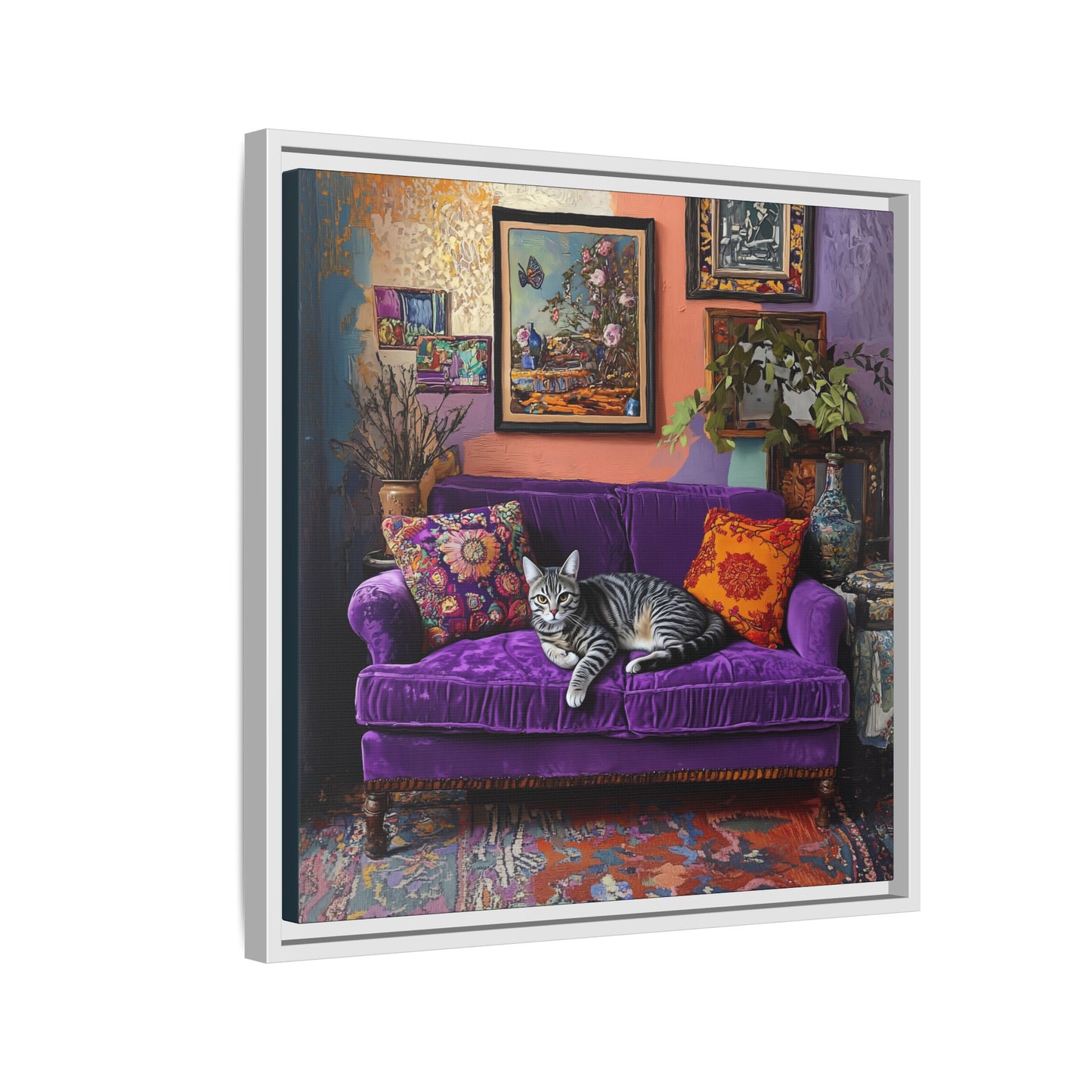 Tabby "House Cat" on Purple Velvet Sofa Matte Canvas Framed | Wall Art