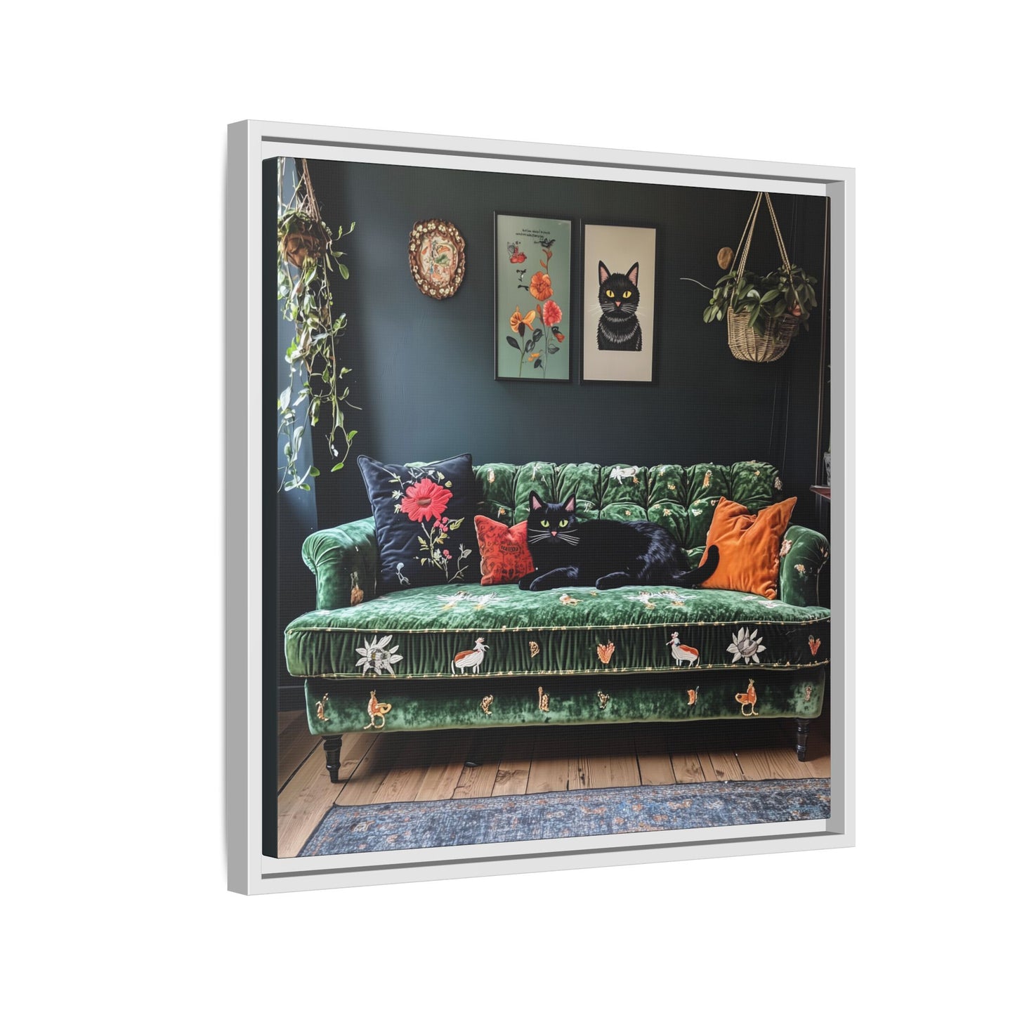 Black "House Cat" Living Room Art Matte Canvas Framed, Green Sofa Boho