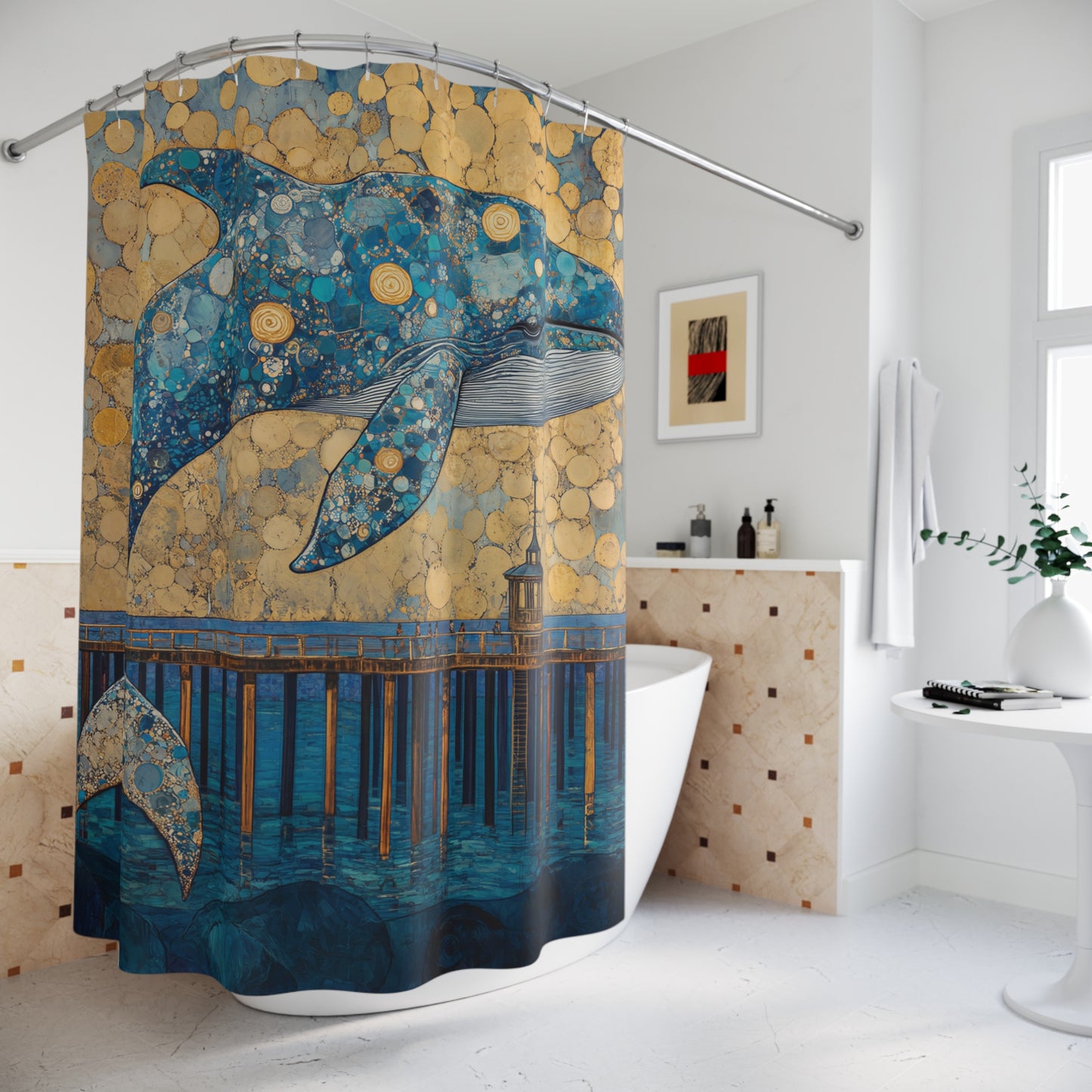 Whale Pier Shower Curtain — Nautical Blue Gold Whale Art for Ocean-Themed Bathroom