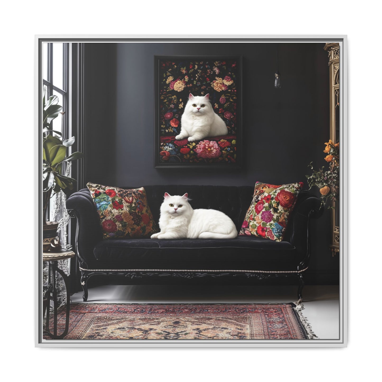 White Persian "House Cat" Portrait Matte Canvas Framed | Floral Still Life Wall Art