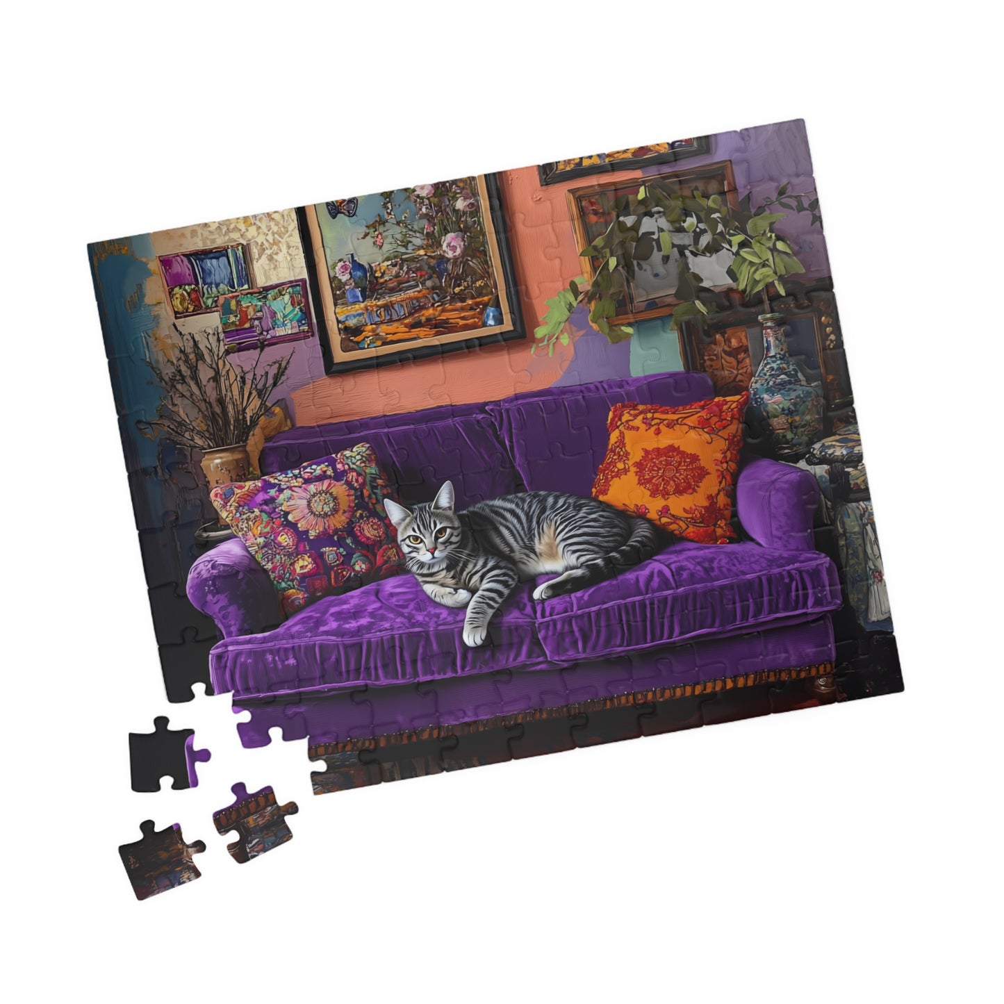 Tabby "House Cat" on Purple Couch Puzzle | 252-1014 Piece Jigsaw