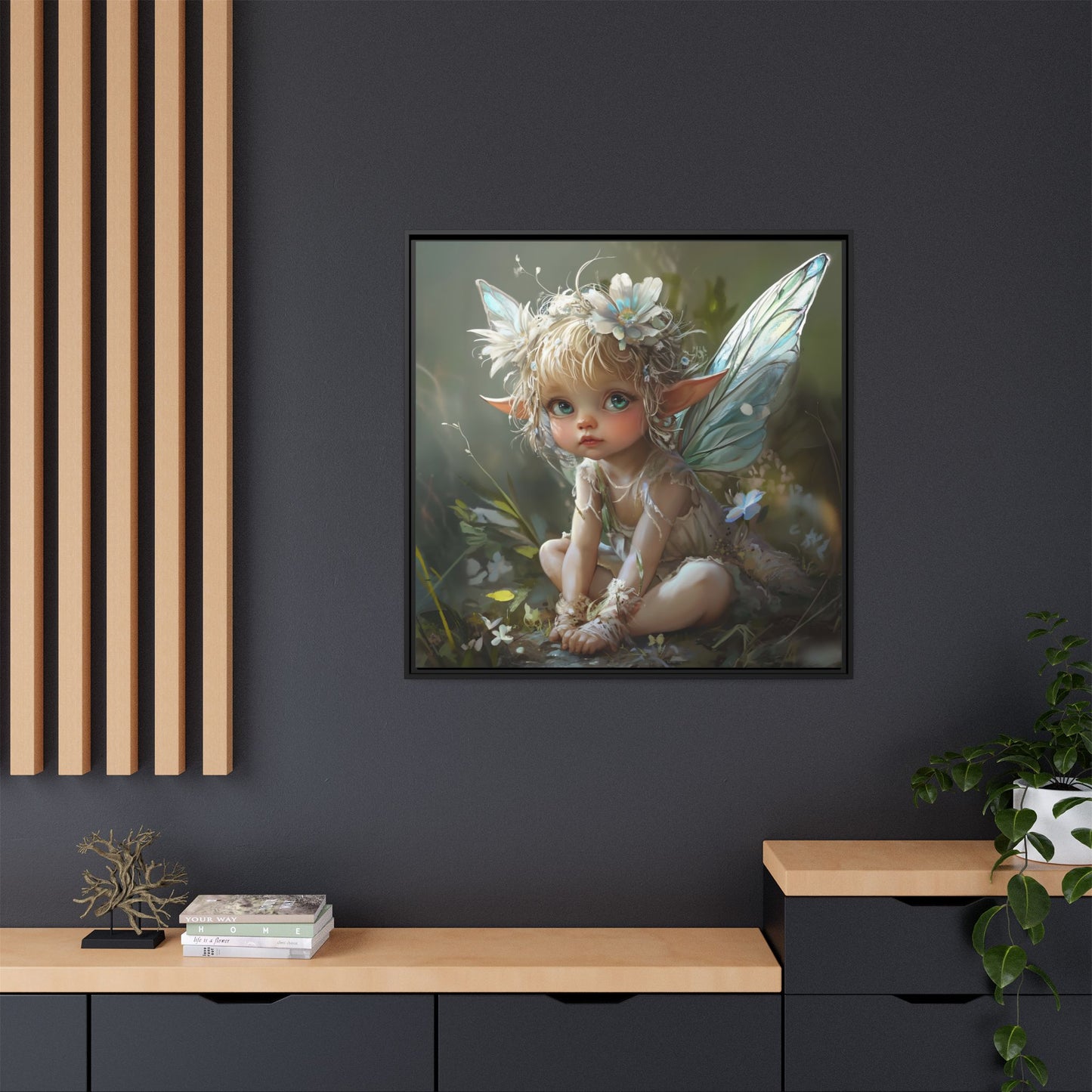 Baby Fairy Art Print, Framed Canvas, Whimsical Home Decor, Fairy Tale Gift, Magical Nursery Wall Art