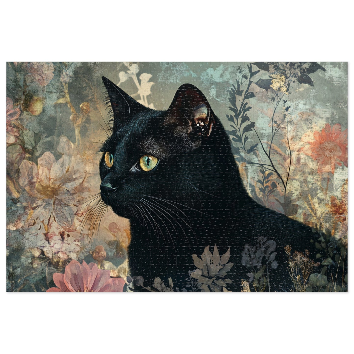 Black Cat Floral Art Jigsaw Puzzle with Tin