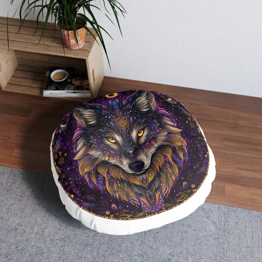 Mystical Wolf Tufted Floor Pillow, Round Decorative Cushion, Boho Living Room Decor, Cozy Meditation Pillow, Unique Gift Idea