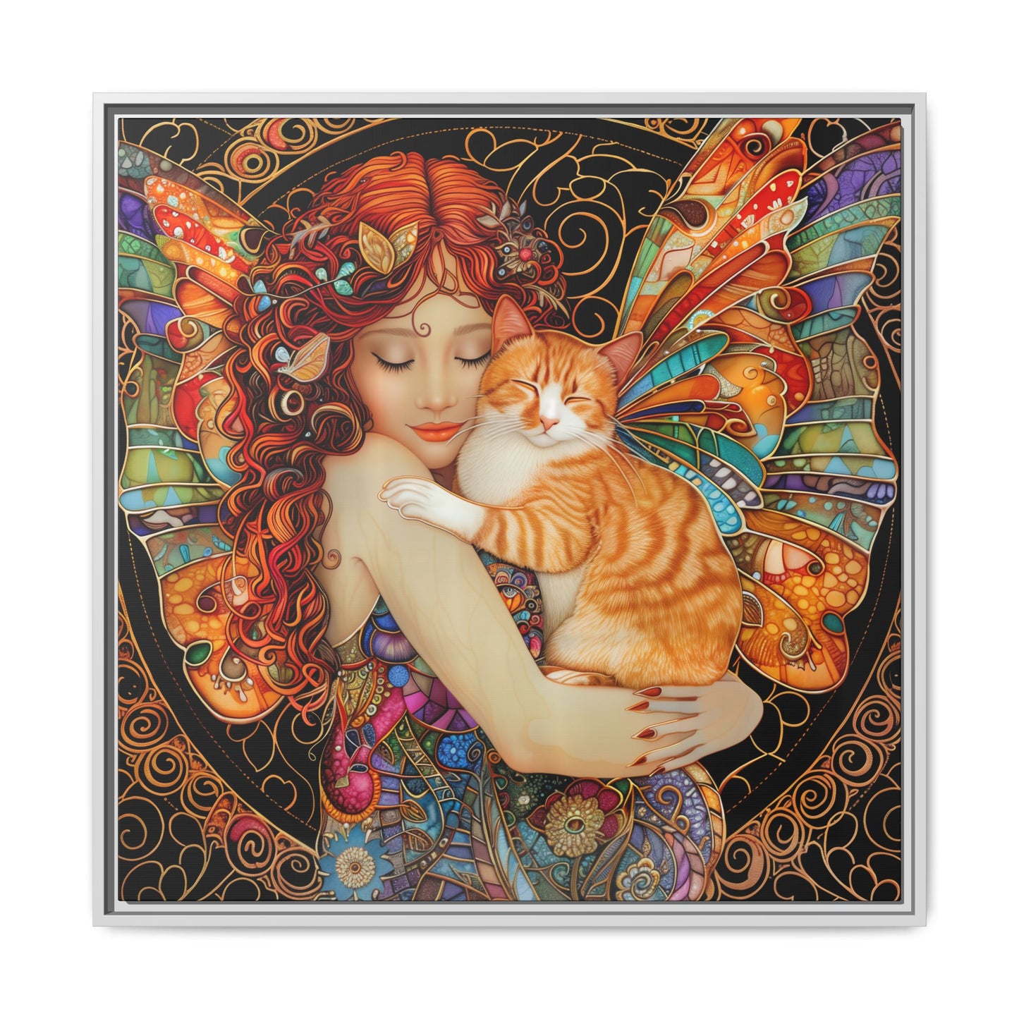 Framed "Tabby"  Fantasy Canvas Art Print - Whimsical Wall Decor, Fairy and Cat Illustration, Magical Gift for Cat Lovers