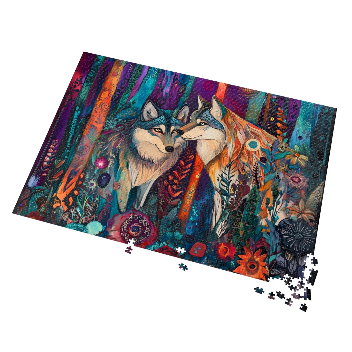 Mystic Wolves jigsaw puzzle with tin | colorful forest wolf art