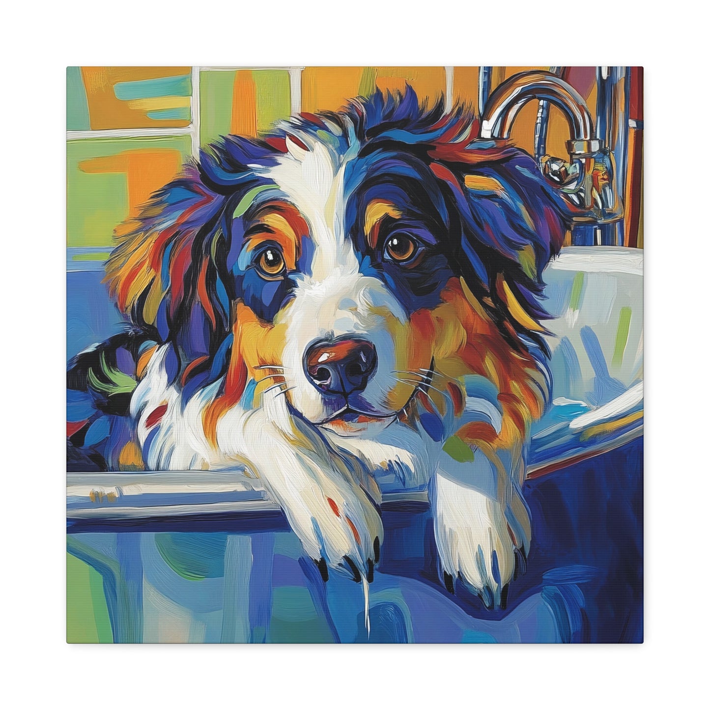 Aussie Bathtub Canvas, Australian Shepherd Art, Aussie Canvas, Tri Color Australian Shepherd Art, Dog Bathtub Prints