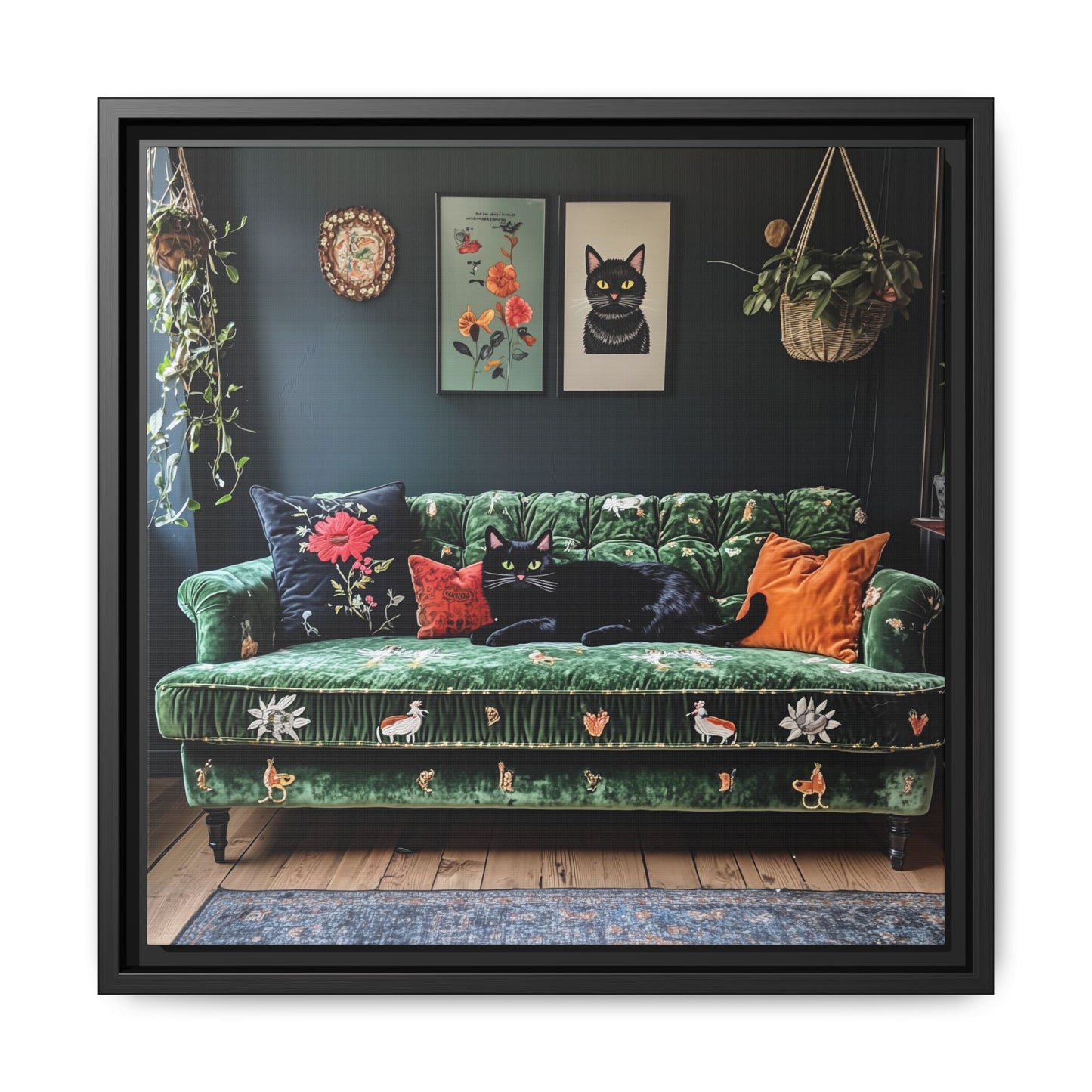 Black "House Cat" Living Room Art Matte Canvas Framed, Green Sofa Boho