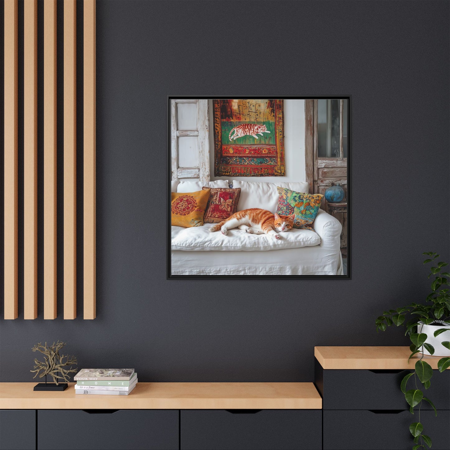 Orange Tabby "House Cat" Sleeping Ginger Cat Sofa Photo Framed Canvas