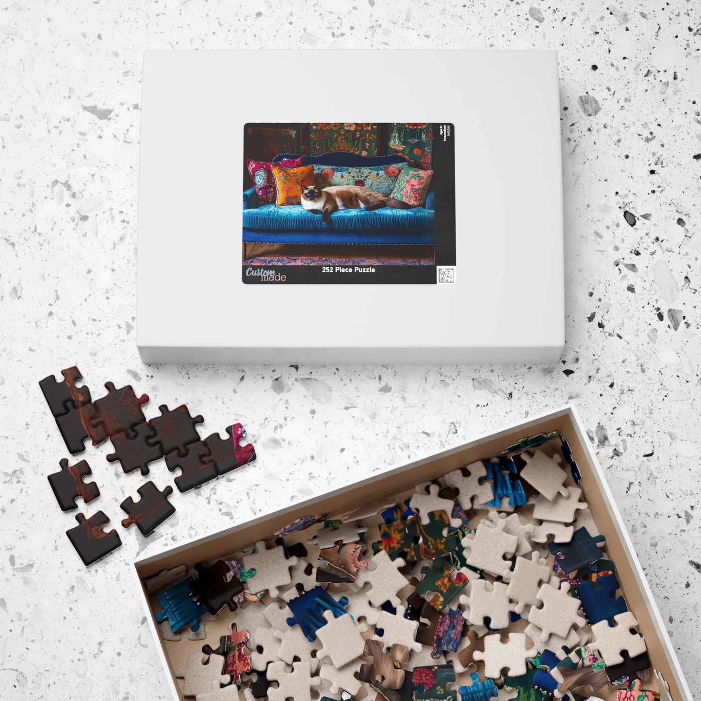 Siamese "House Cat" on Blue Velvet Sofa Puzzle | 252/520/1014-piece Jigsaw