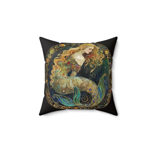 Artistic Mermaid Faux Suede Square Pillow, Decorative Throw Cushion, Home Decor Accent, Gift Idea for Beach Lovers, Boho Style