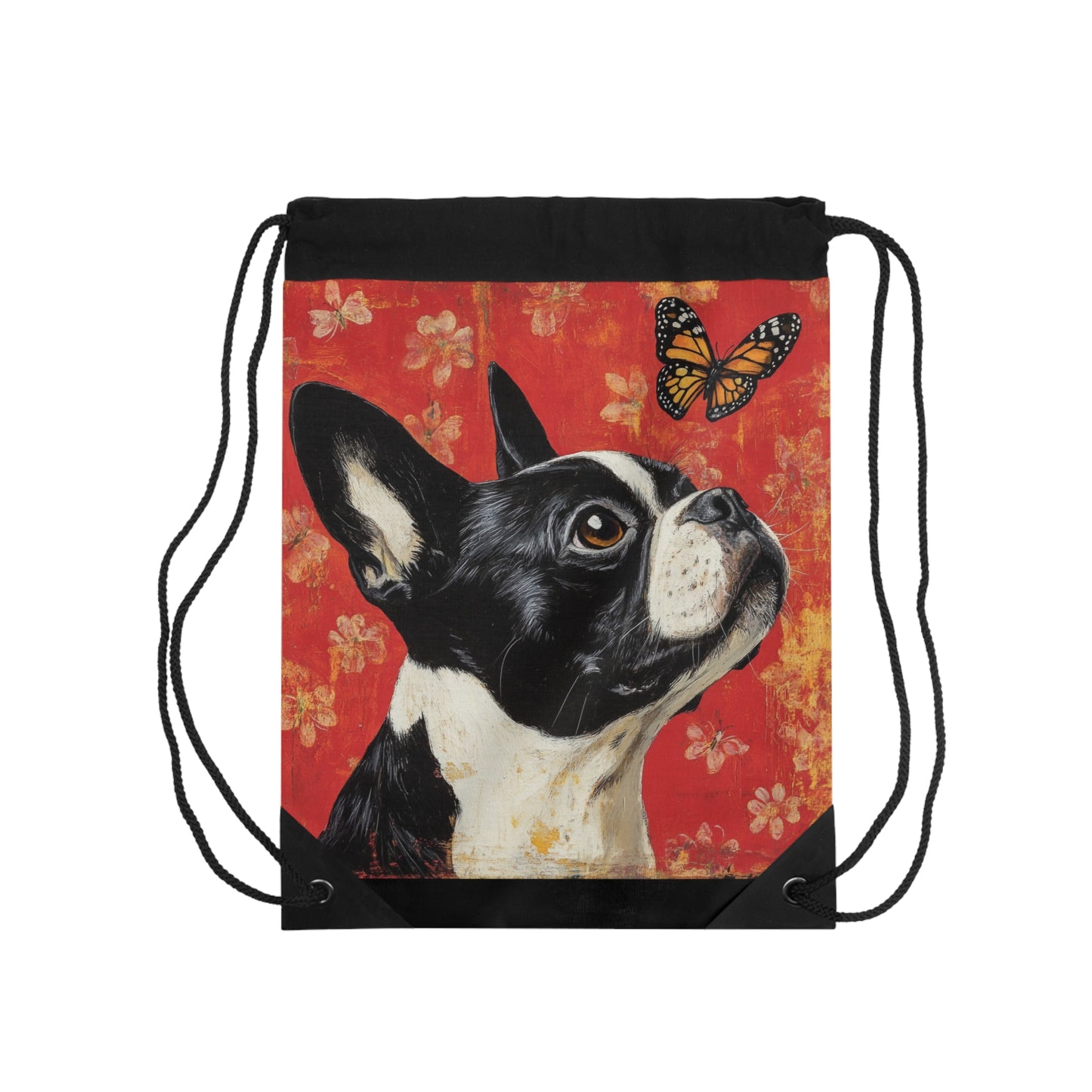 Boston Terrier and Monarch Butterfly Drawstring Bag | Dog Art Backpack