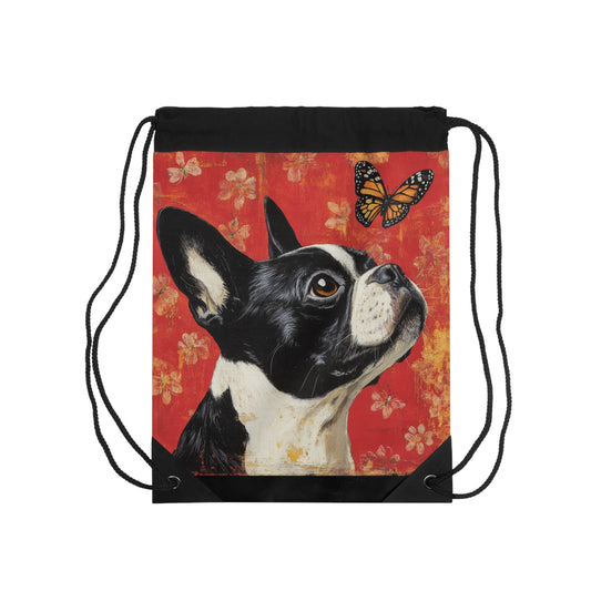Boston Terrier and Monarch Butterfly Drawstring Bag | Dog Art Backpack