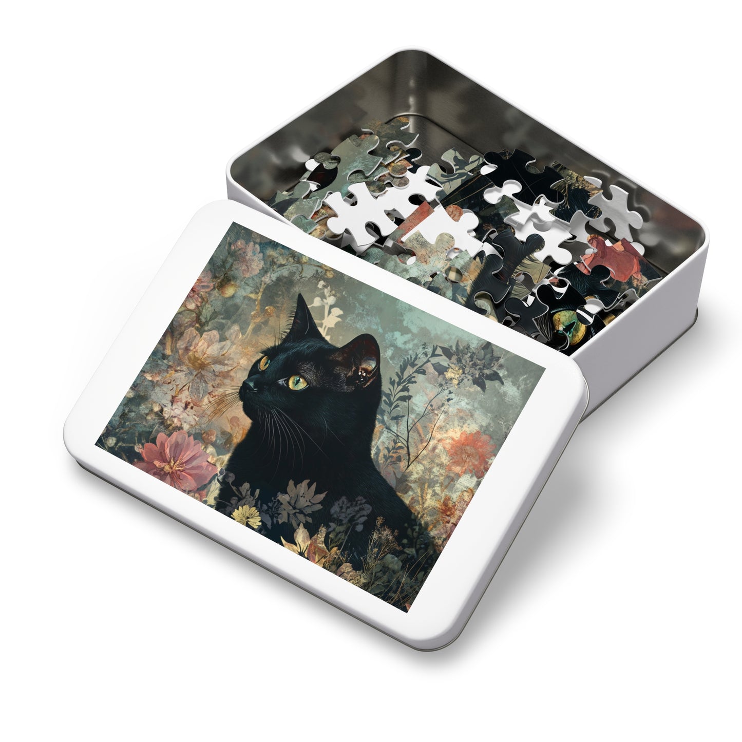 Black Cat Floral Art Jigsaw Puzzle with Tin