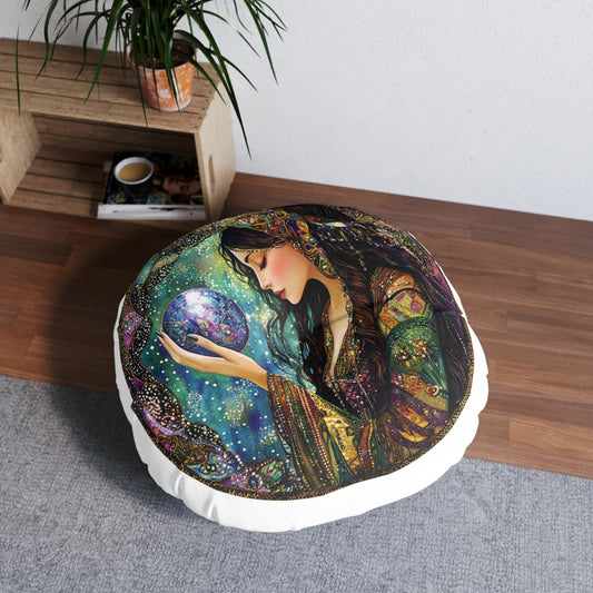 Bohemian Mystic Round Tufted Floor Pillow, Cozy Home Decor, Boho Chic Cushion, Meditation Pillow, Gift for Dreamers