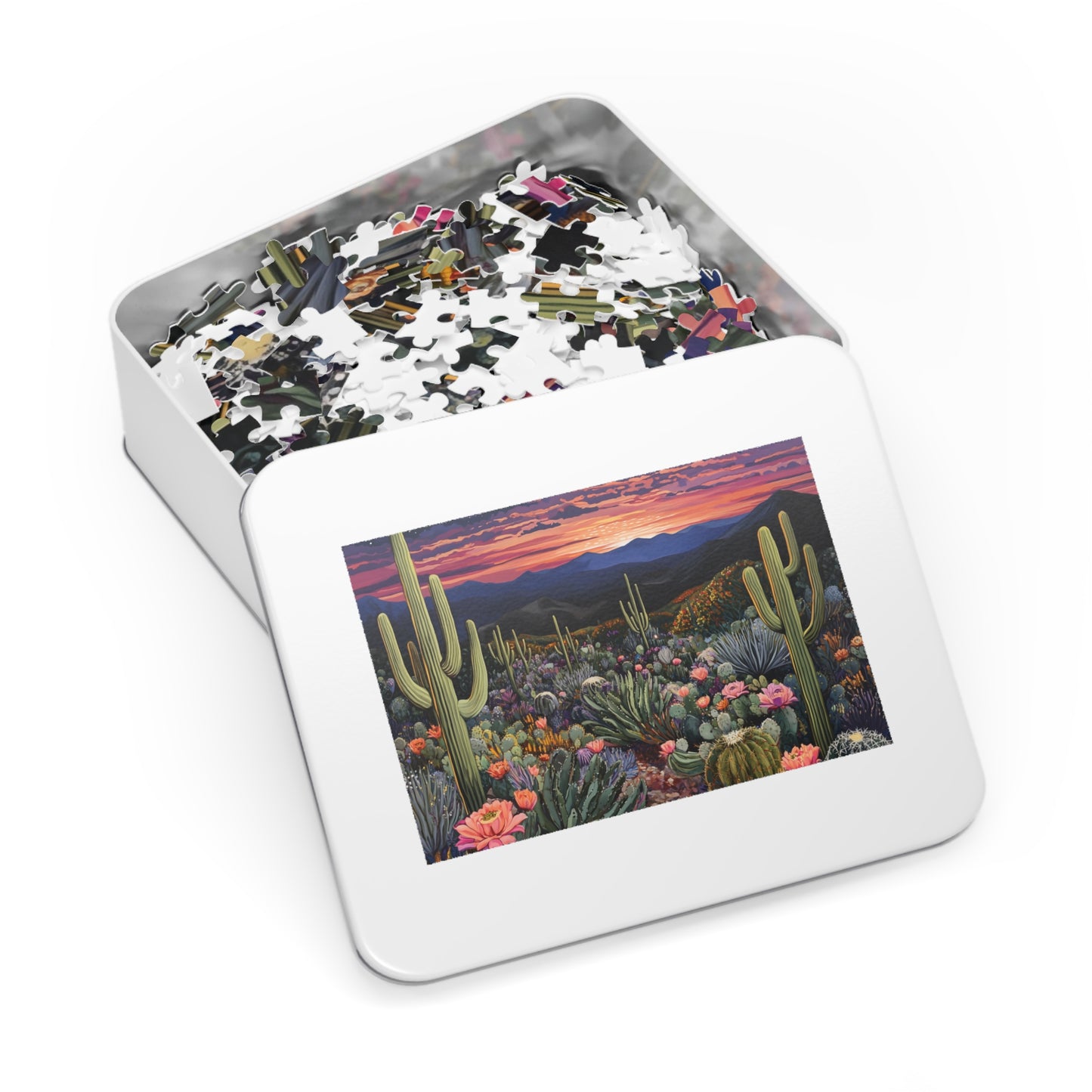 Desert Cactus Sunset Jigsaw Puzzle with Tin | Desert Landscape Puzzle