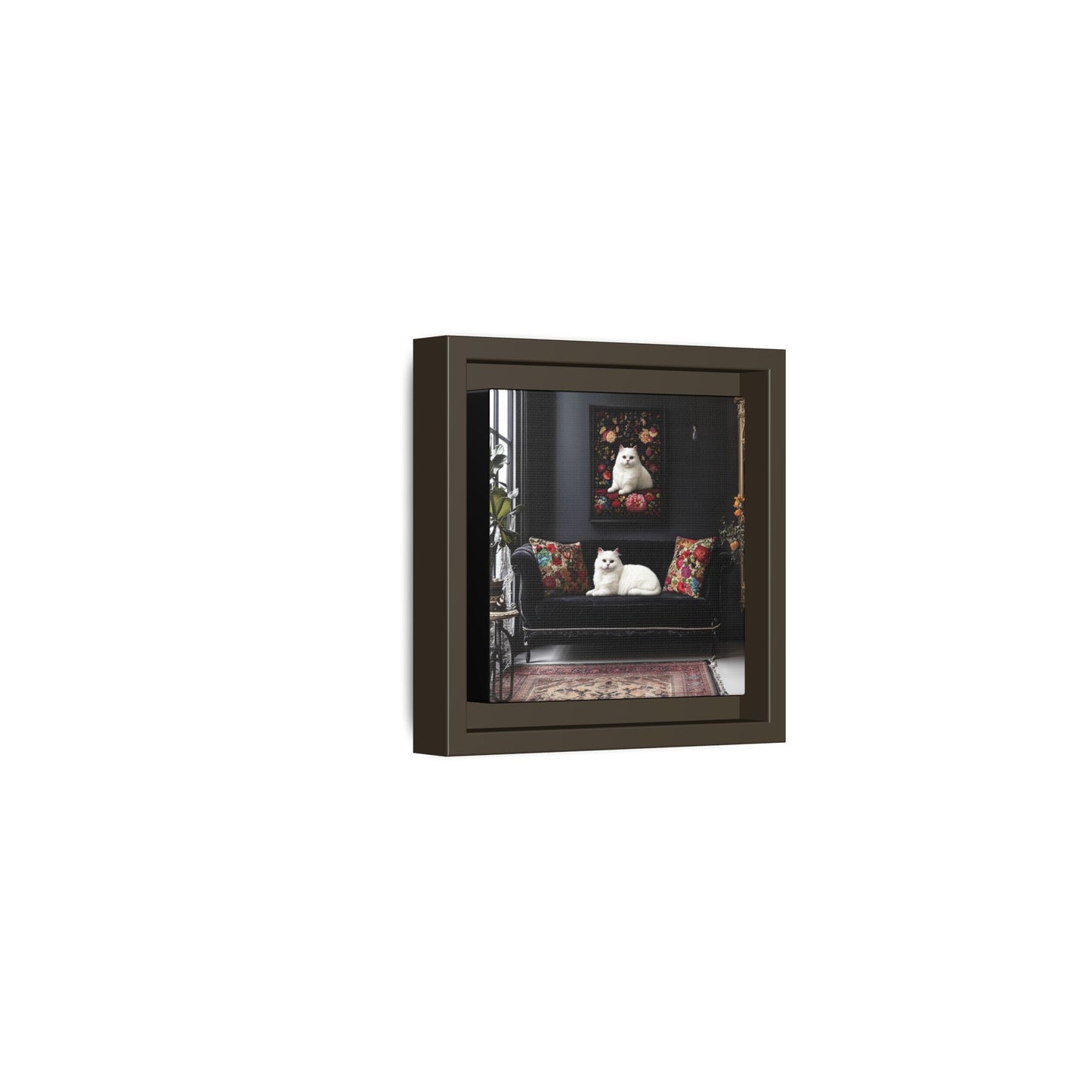 White Persian "House Cat" Portrait Matte Canvas Framed | Floral Still Life Wall Art