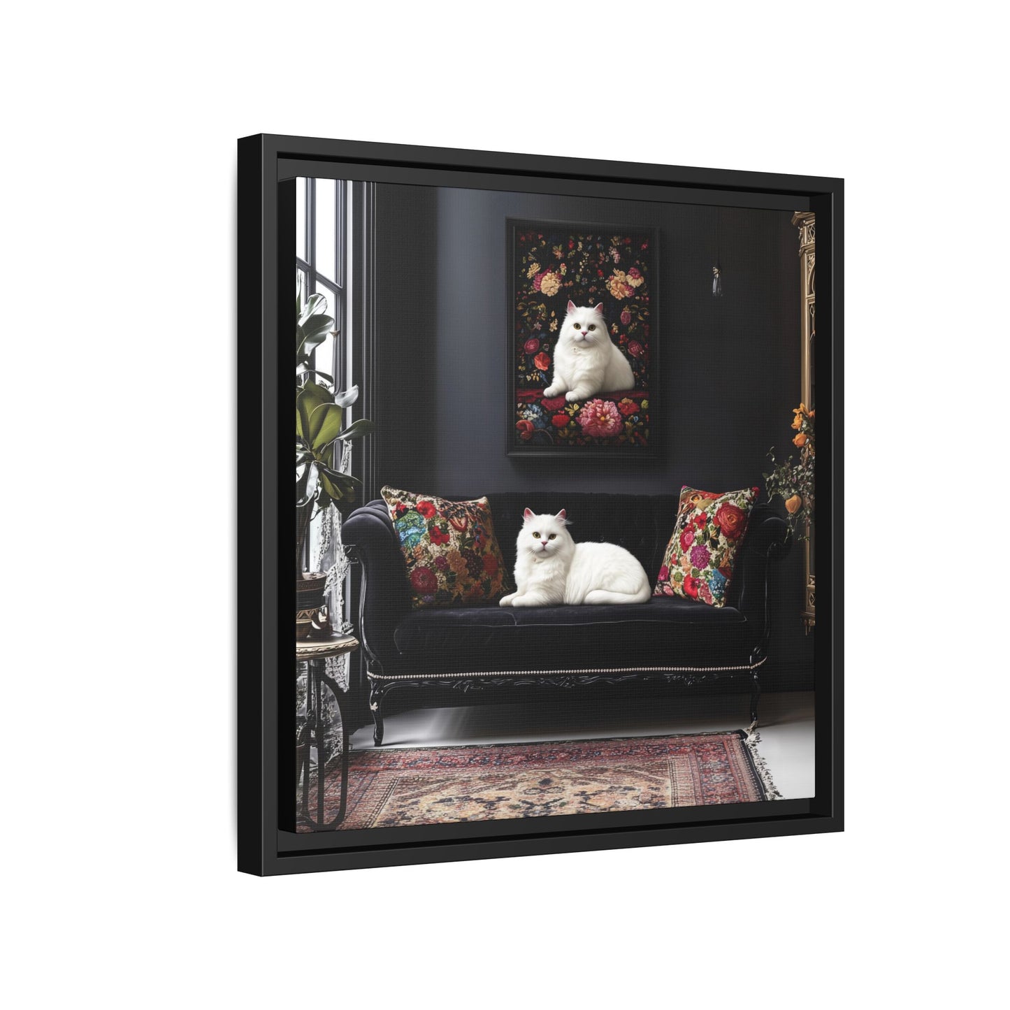 White Persian "House Cat" Portrait Matte Canvas Framed | Floral Still Life Wall Art
