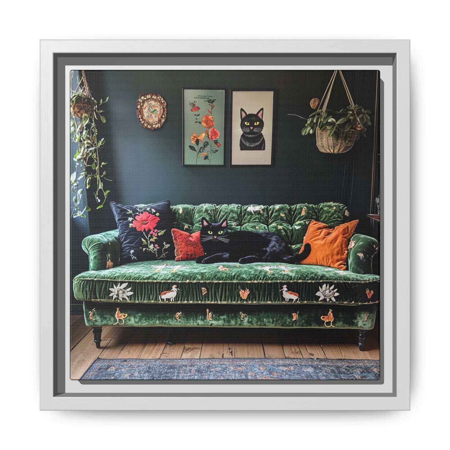 Black "House Cat" Living Room Art Matte Canvas Framed, Green Sofa Boho