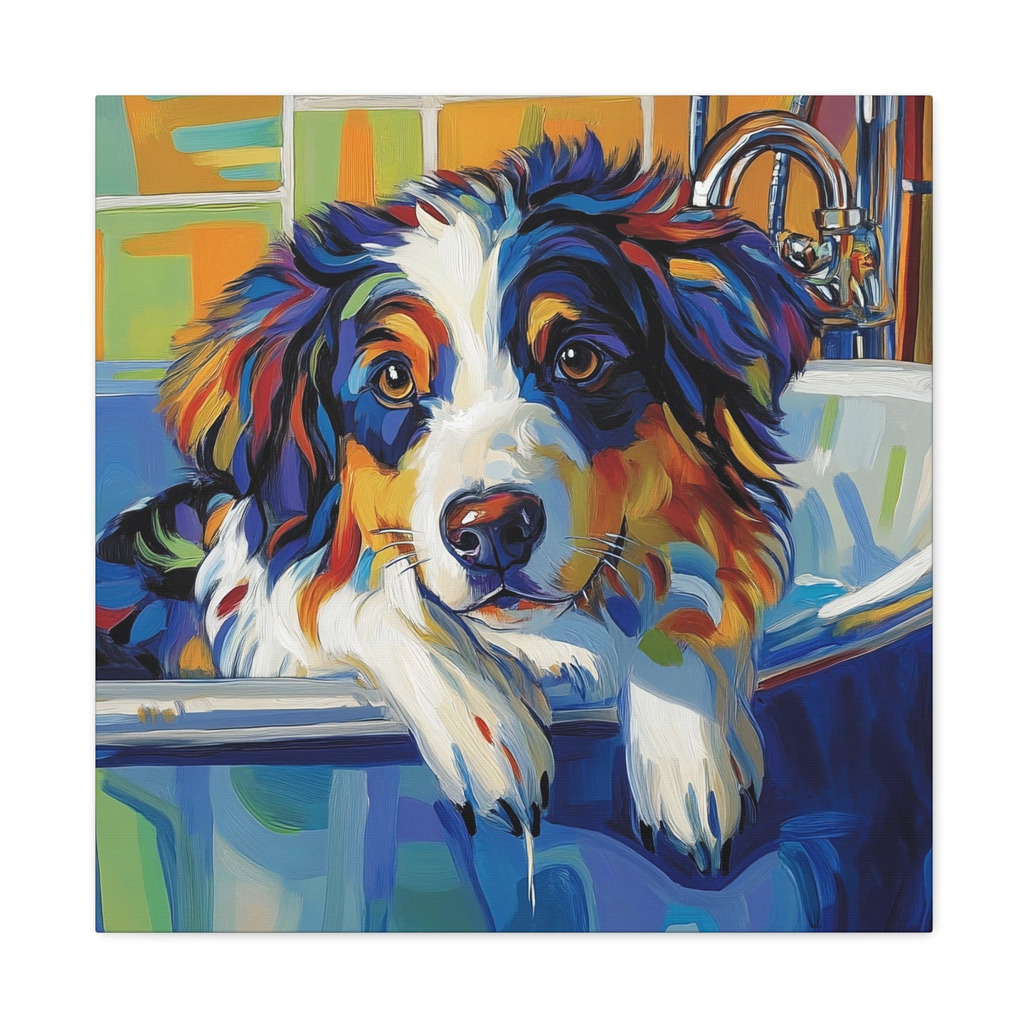 Aussie Bathtub Canvas, Australian Shepherd Art, Aussie Canvas, Tri Color Australian Shepherd Art, Dog Bathtub Prints