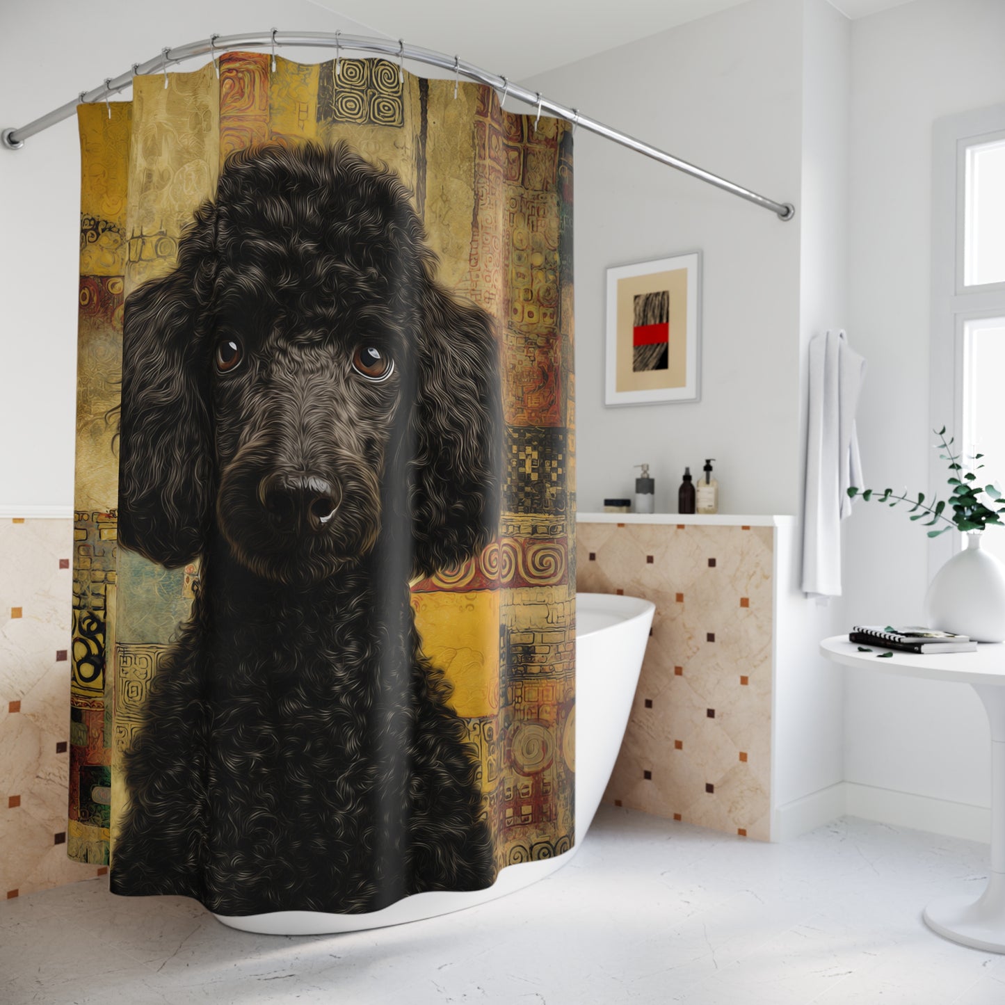 Anthro Black Poodle Shower Curtain — Artistic Vintage Patchwork Bathroom Decor