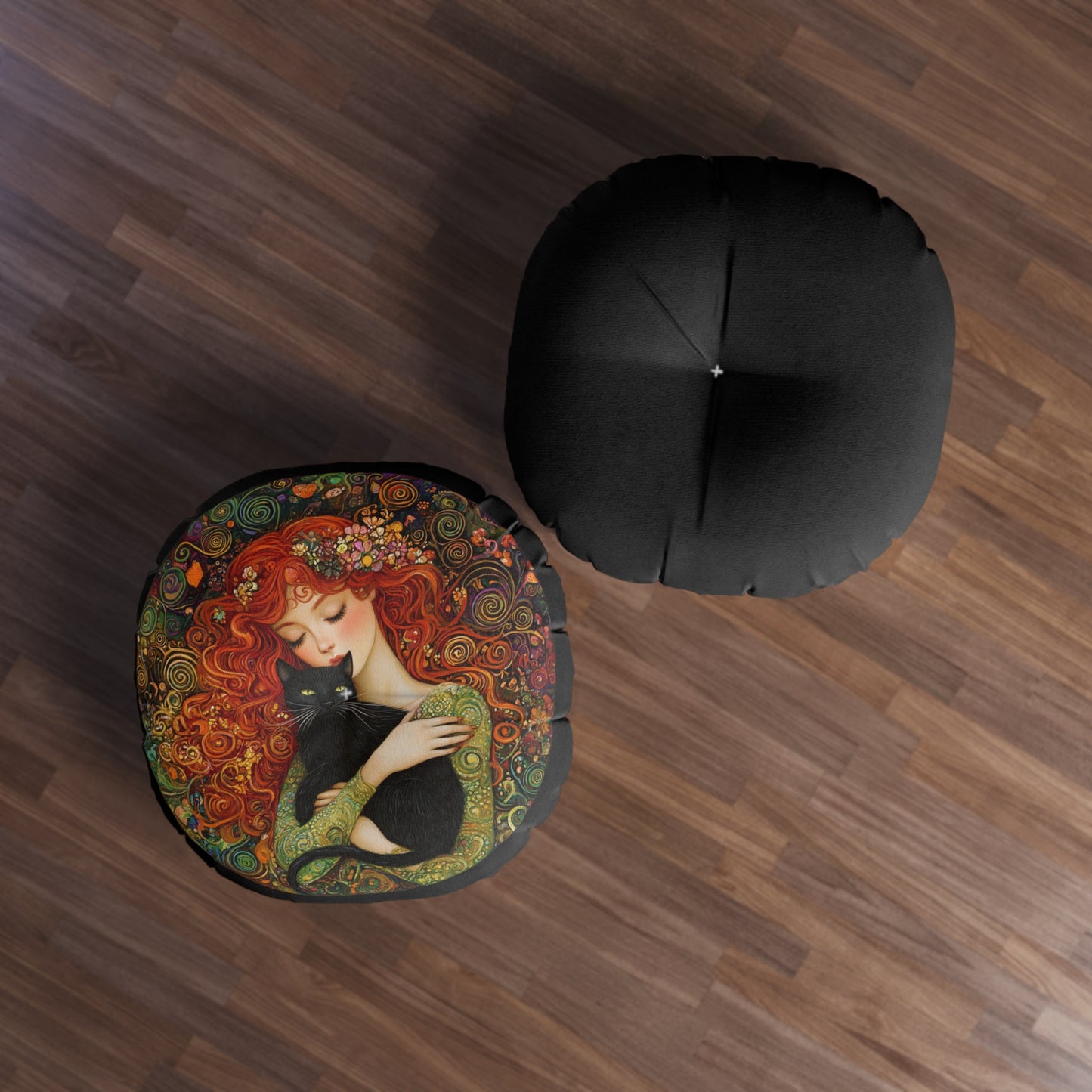 Artistic Tufted Floor Pillow, Cozy Decor, Cat Lover Gift, Bohemian Home Accent, Unique Round Cushion