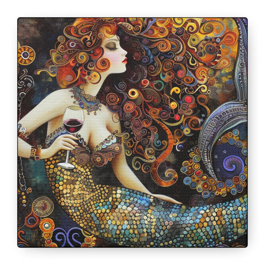 Mermaid Wine Wall Art, Stretched Canvas Print, Bohemian Home Decor, Gift for Wine Lovers, Ocean Theme Artwork, Colorful Mermaid Canvas