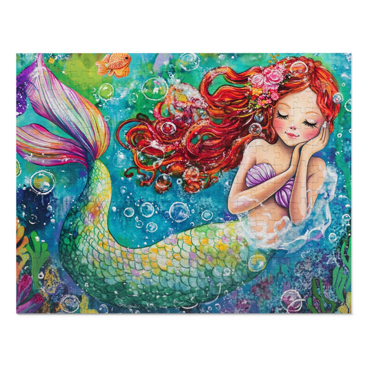 Whimsical Redhead Mermaid Jigsaw Puzzle with Tin | Colorful Underwater Scene