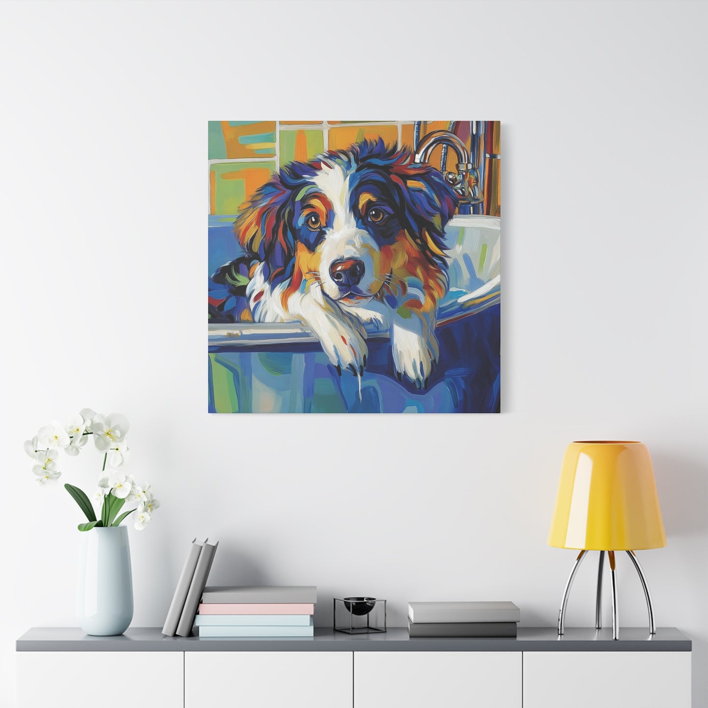 Aussie Bathtub Canvas, Australian Shepherd Art, Aussie Canvas, Tri Color Australian Shepherd Art, Dog Bathtub Prints