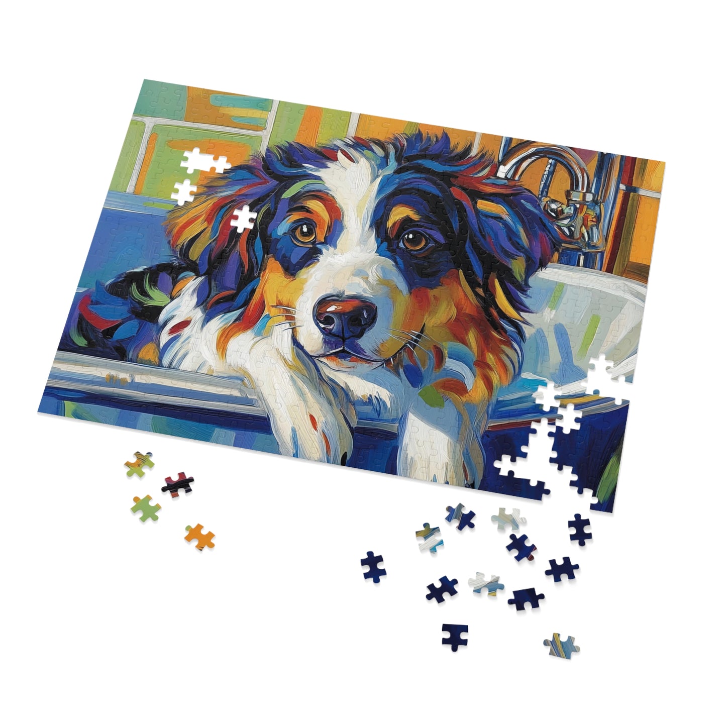 Bathtub Puppy Aussie Dog Jigsaw Puzzle with Tin | 500pc Painted Pet Art, Australian Shepherd Gift