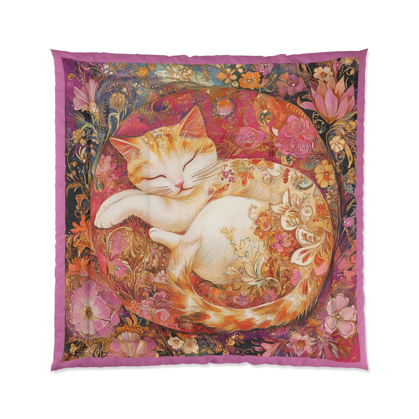 Art Nouveau Sleeping Floral Cat Comforter | Boho Cat Duvet Cover, Floral Bedding