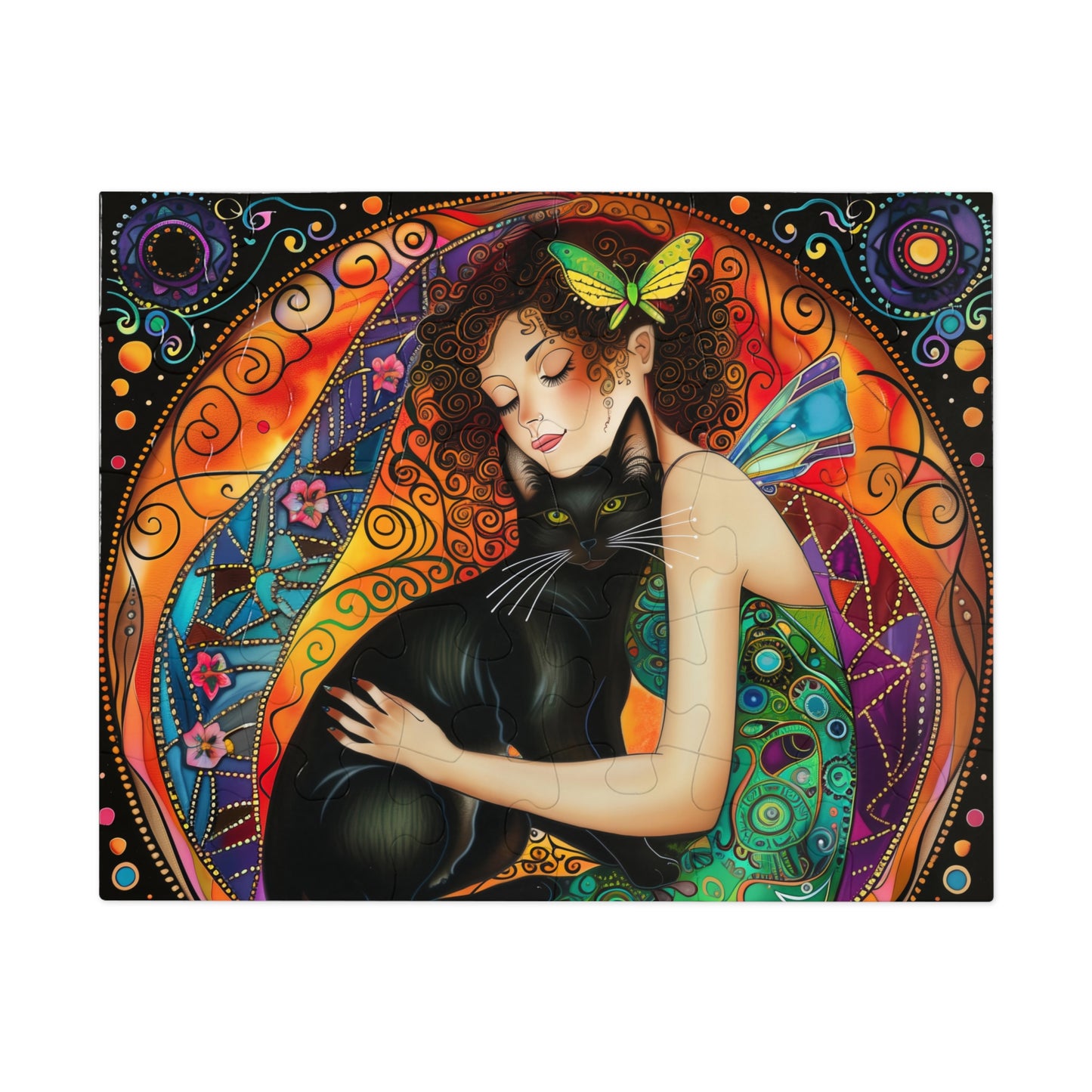 Fairy Embracing Black Cat Jigsaw Puzzle with Tin | Colorful Boho Art