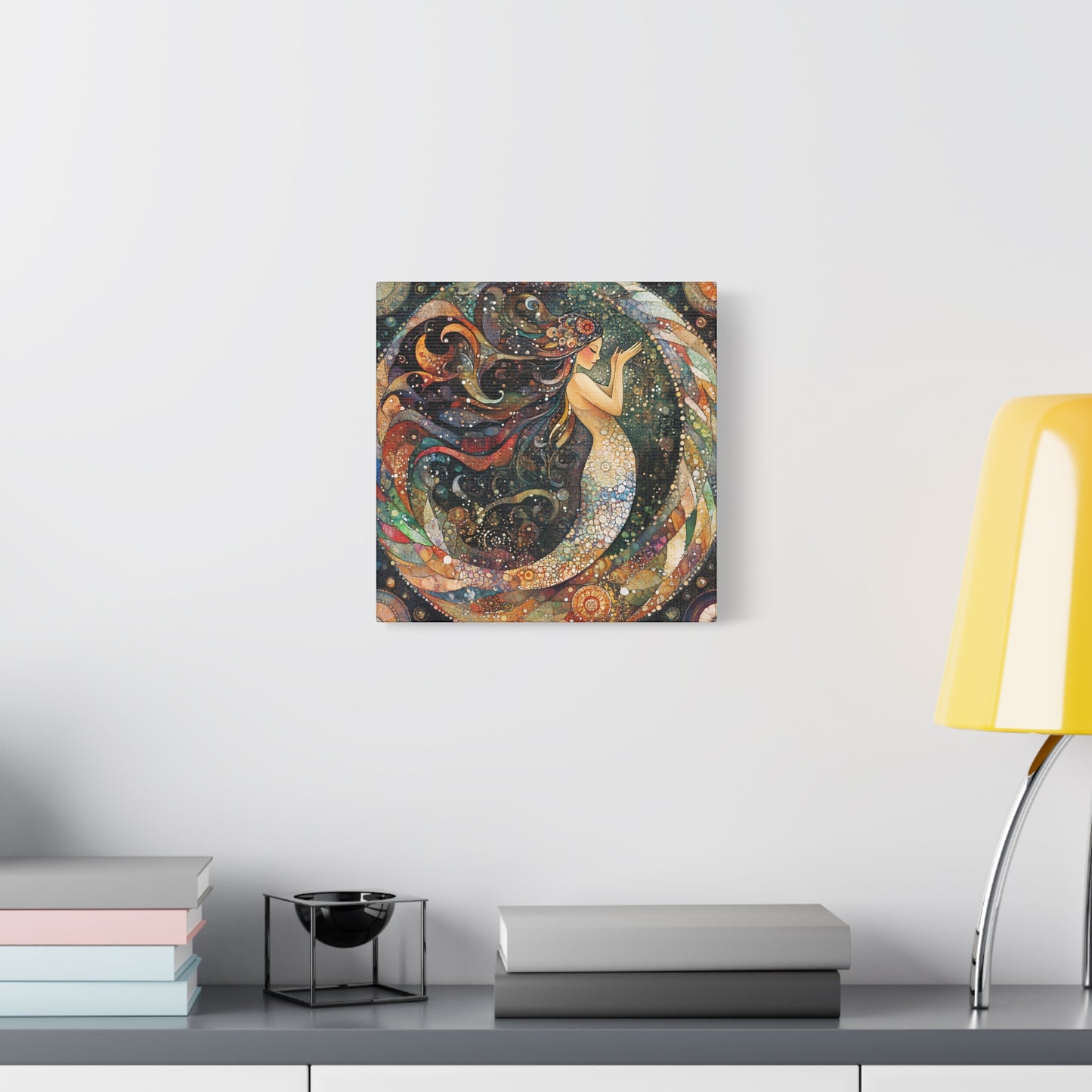 Autumnl Mermaid Canvas Art, Stretched Wall Decor, Bohemian Home Accent, Unique Gift for Sea Lovers, Nautical Art Piece, Coastal Room Decor