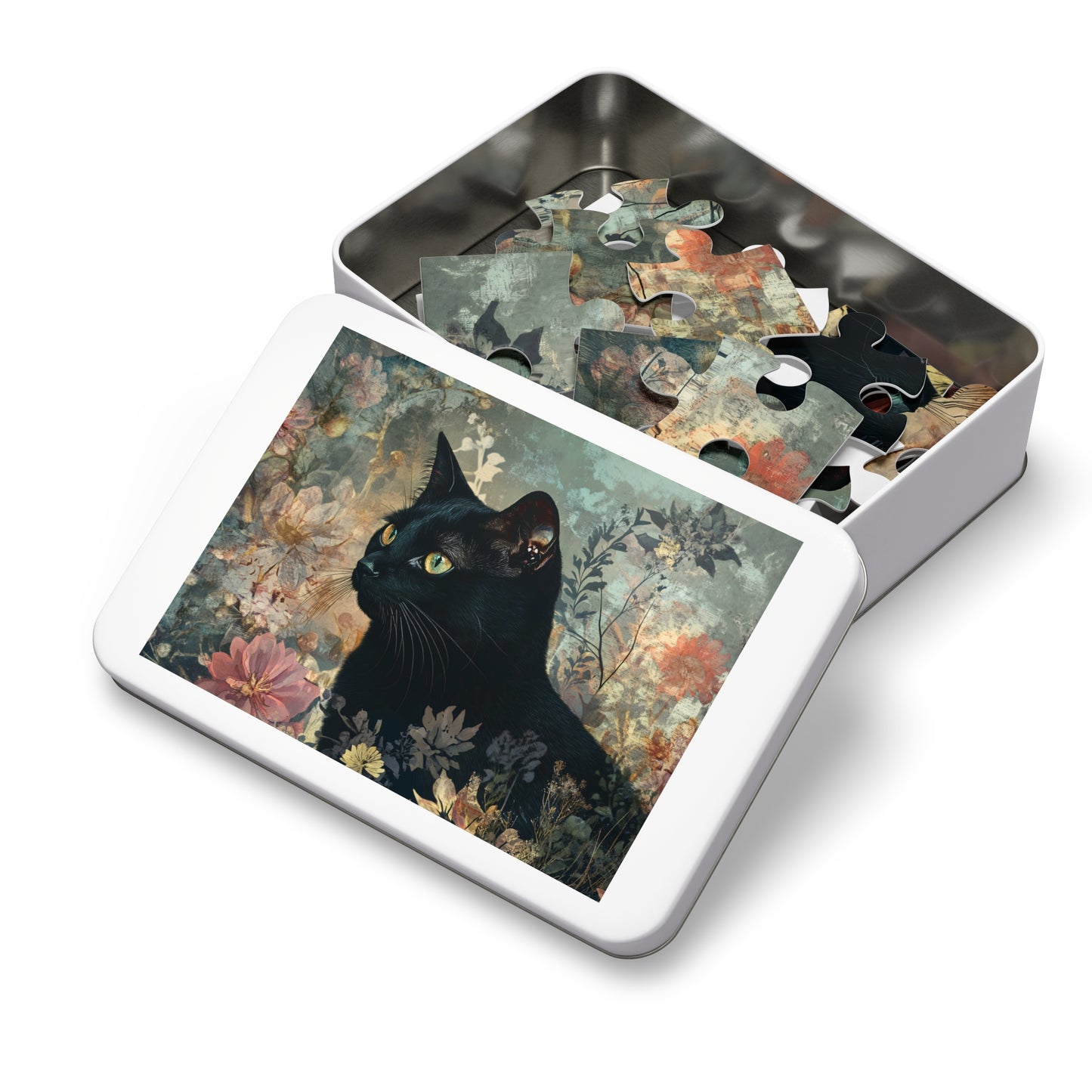 Black Cat Floral Art Jigsaw Puzzle with Tin