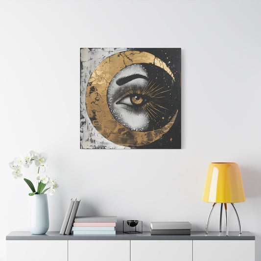 Celestial Eye Canvas Art, Gold Moon Wall Decor, Modern Home Aesthetic, Spiritual Artwork, Gift for Meditation, Boho Living Room Accent