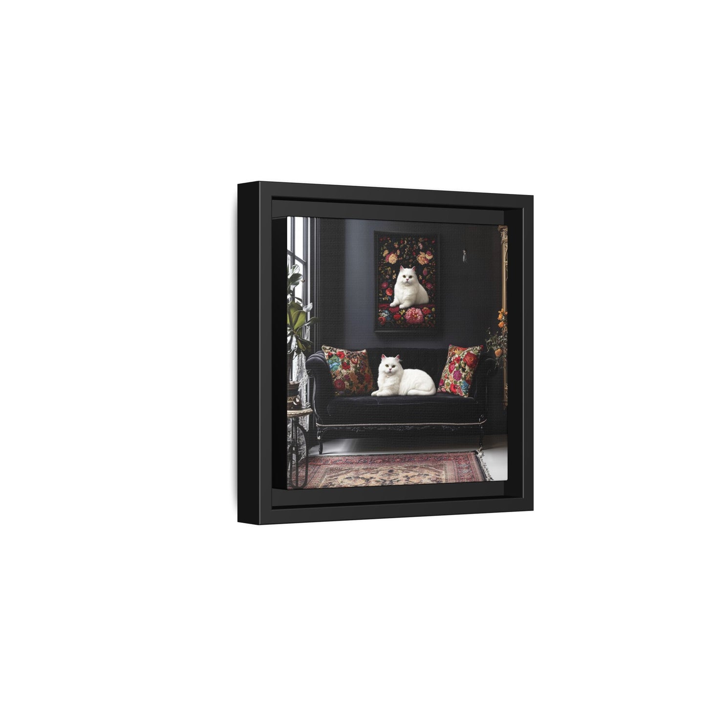 White Persian "House Cat" Portrait Matte Canvas Framed | Floral Still Life Wall Art