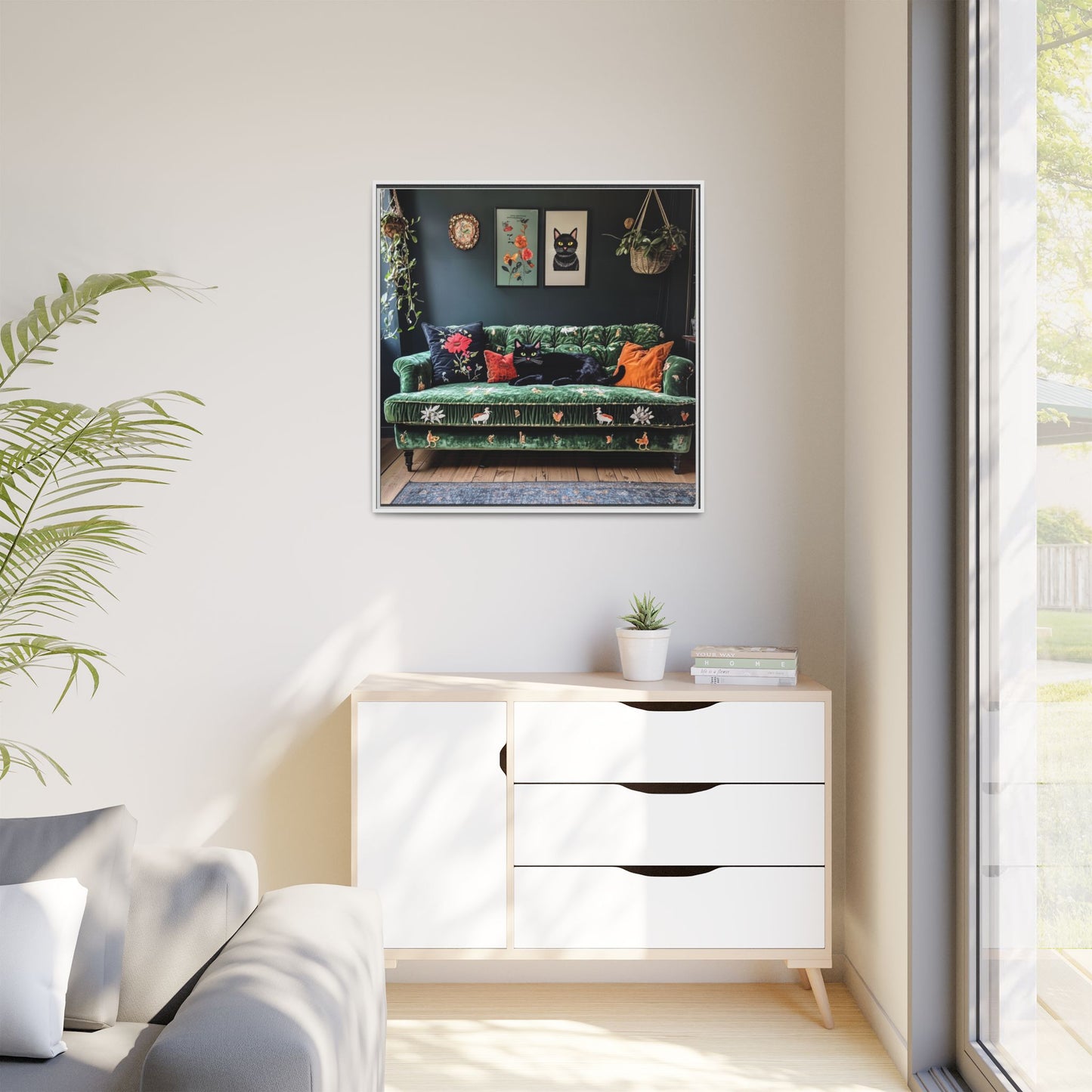 Black "House Cat" Living Room Art Matte Canvas Framed, Green Sofa Boho