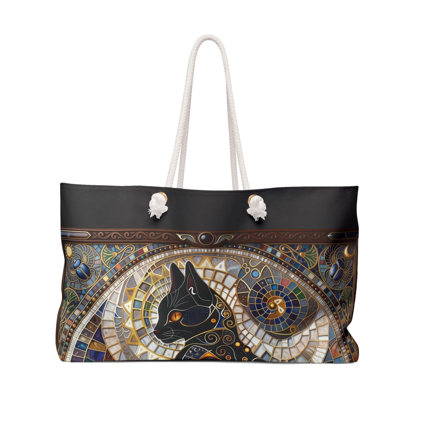 Mystic Mosaic Cat Weekender Bag  Boho Black Cat Travel Tote